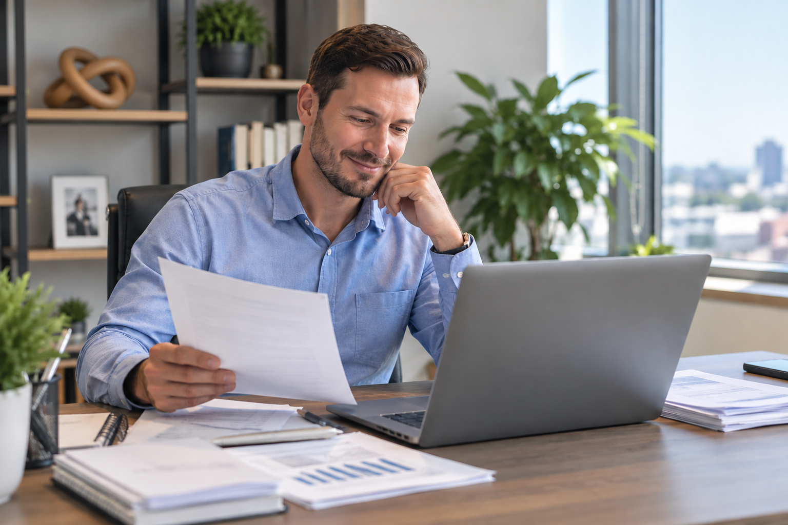Business owner reviewing financial documents at a desk with a laptop