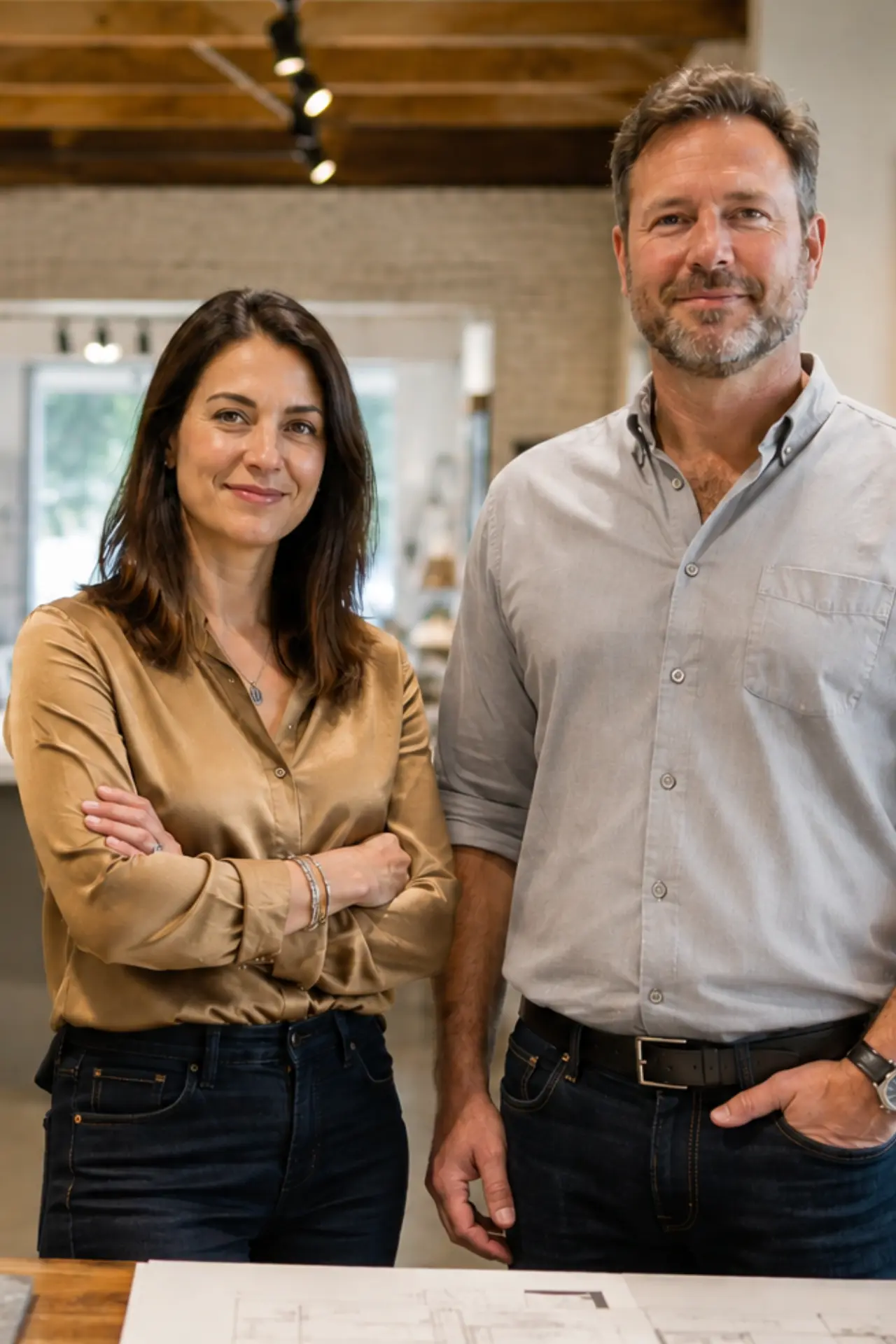 Two business owners standing together in a modern Minneapolis office